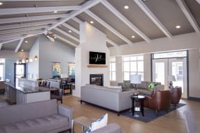 Clubroom with Multiple Lounges and Fireplace with Chimney that Extends to Ceiling