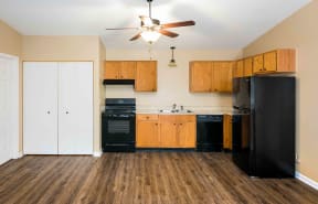 Apartments for Rent in Murfreesboro TN - Open Space Living Room with Stylish Interiors Featuring Hardwood Floors, Ceiling Fan, and Washer and Dryer Connections