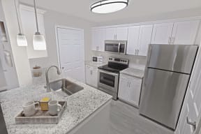 carlyle model kitchen with island and stainless steel appliance package