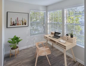 Room stage with office furniture. Three large windows let in a lot of natural light. Area has hard wood style flooring.