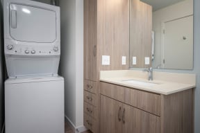 The Byway | #201 Large Primary Bathroom with Wood Cabinetry, Stackable Washer and Dryer