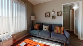 Apartments in Colton, CA for Rent - Las Brisas Apartment Living Room with Hardwood Flooring, Stylish Decor, and Access to Hallway