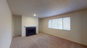 Ontario CA Apartment for Rent - Encore Apartment Homes - Living Room Unfurnished with Wall to Wall Carpet and Fireplace