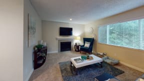 Ontario Apartments - Encore Apartment Homes - Living Room including Wall to Wall Carpet, Stylish Decor, and a Fireplace