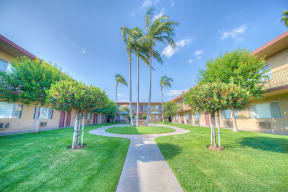 Apartment West Covina CA - Tuscany Villas - Apartment Courtyard with Palm Trees, Landscaping, and Tables