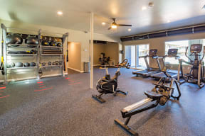 Fitness room with cardio and strength equipment  l Aspire Sacramento Apartments 
