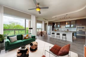 Living Room With Kitchen View at Revl Heights, The Barvin Group, Houston