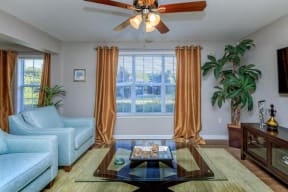 floorplan 1B model unit furnished living room window