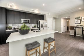 kitchen with white quartz countertops and dark wood cabinets