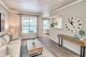 Apartment living room with bright interior light | Lodge at Lakeline Village