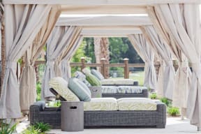 Poolside cabanas and lounge chairs | Wharf 7
