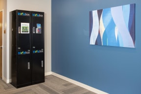 Dry cleaning drop off locker in a well lit hallway with a blue accent wall.