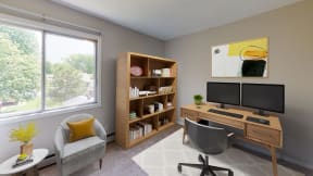 Comfortable and spacious living area styled for a work from home set up with a large window filling the room with natural light.