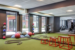Fitness center with a mirror wall, personal workout equipment, box jumps, and more.