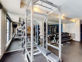 Fitness center with adjustable weight rack, barbell and dumbbell rack, all against mirrored wall