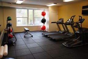 Fitness Room with rubber flooring, two treadmills, and medicine ball rack