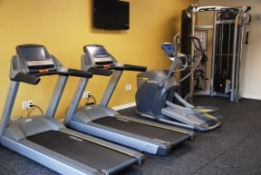 Fitness room with two treadmills, eliptical, and cable machine