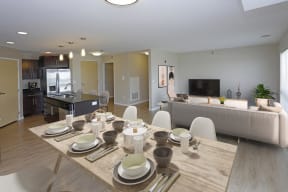 Open concept dining area, living room and kitchen.
