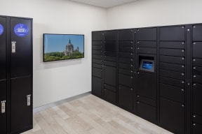 Mailroom with secure Luxer package storage system.