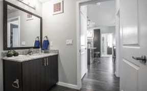 Bathroom with large mirror and dark cabinets, granite countertop, door open to apartment hallway