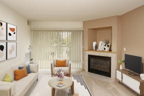 Furnished Living Room with Fireplace and Sliding Glass Door
