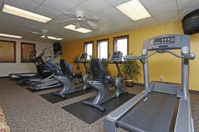 Fitness center with treadmills, bikes, ellipticals, and more.