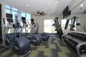 Multi-level fitness center with two walls of windows and multiple cardio equipment options.