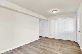 basement with hardwood floors white double-door closet