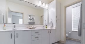 Double vanity sinks with bright lighting at 2000 West Creek Apartments, Virginia, 23238