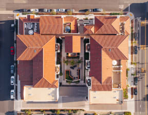 Drone Aerial shot looking straight down into Plaza Riviera courtyard