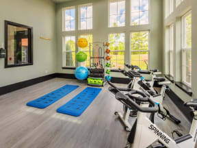 Fitness Center with weighted balls, yoga mats, and spin cycles on a hard floor near tall windows