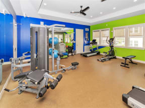 Gym with weight and cardio equipment, a blue wall, a green wall, ceiling fans, mirrors, and a door