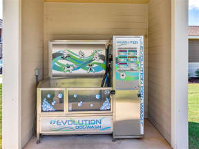 Outdoor Evolution dog wash station with attached hose in u-shaped covered shed space