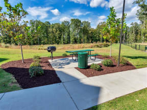 Picnic area with a bench, trash can, grassy lawn, and charcoal grill close to a forested area