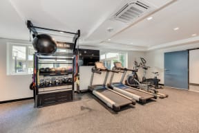 Fitness Center with Treadmills, Yoga Balls, Kettle Bells, and Mounted Flat Screen Television 