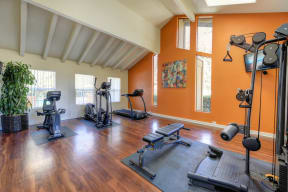 Fitness Center with Elliptical, Excercise Bike, Treadmill, Windows and Hardwood Inspired Floors at Pinecrest Apartments, Davis ,95616