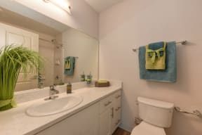 Bathroom with Vanity, Toilet, Hardwood Inspired Floor, and White Cabinents at Pinecrest Apartments, California