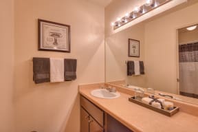 Bathroom with large Mirror ,Counter Space, Shower Bathtub