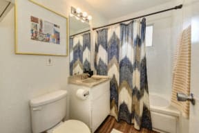 Bathroom with Toilet, Decorated Blue/White Shower Curtains and Bathtub