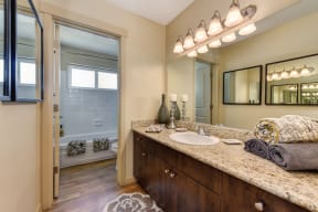 Model master bathroom with huge bathroom counter with one sink.  Hardwood inspired flooring and brown cabinetry through-out.