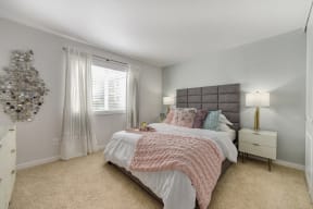Bedroom with Carpet, Gray Head Board, White Bedside Dresser and Lamp