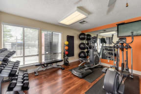Fitness Center with Yoga Balls, Hardwood Inspired Floor, Ellipticals, and Hand Weights
