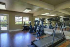 Fitness Center with Treadmills, Hardwood Inspired Floor and Ceiling Lights