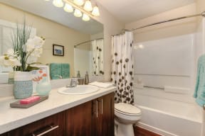 Model home bathroom with vanity and tub shower.  Large mirror above vanity with brown cabinetry and hardwood inspired flooring.