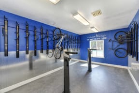 Community bike storage room. Room is painted with bright blue pain accents and the bikes are hung onto the walls.