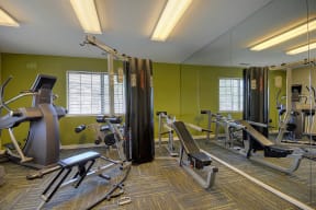 Fitness Center with Mirrors, Green Wall, Treadmills, Ellipticals, and Carpet