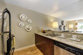 Model home kitchen with open counter space, large sink, stainless appliances, including dishwasher.  Kitchen overlooks the living room
