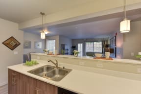 Model Kitchen with View of Living Room, Sink Counter Top, and Hanging Lights