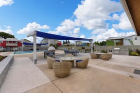Pool and Seating Area, Fire Station, Blue/Black Seats, Blue Skies and Clouds