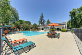 Pool Area with Lounge Chairs, Sun Blocking Umbrella, and Trees at Pinecrest Apartments, Davis, CA